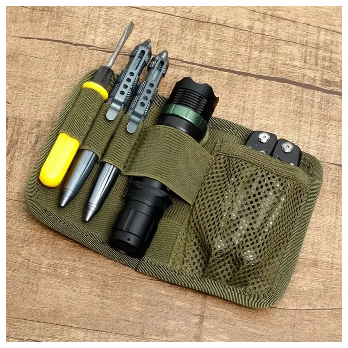 Olive EDC tool board with flashlight and bits