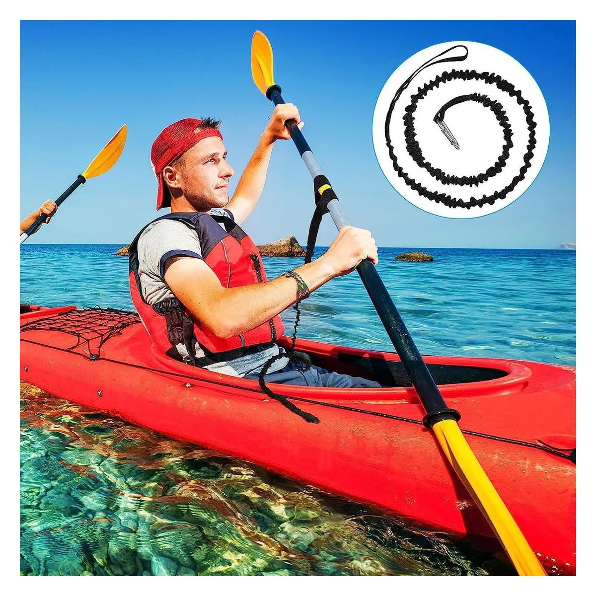 Kayak paddle leash in use on the water
