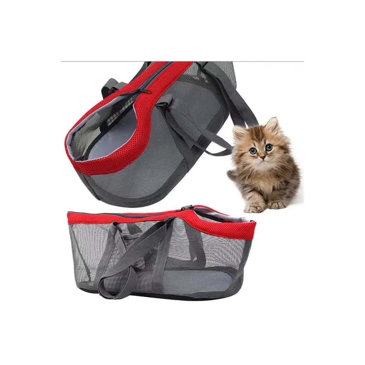 Mesh pet tote with red and green trim