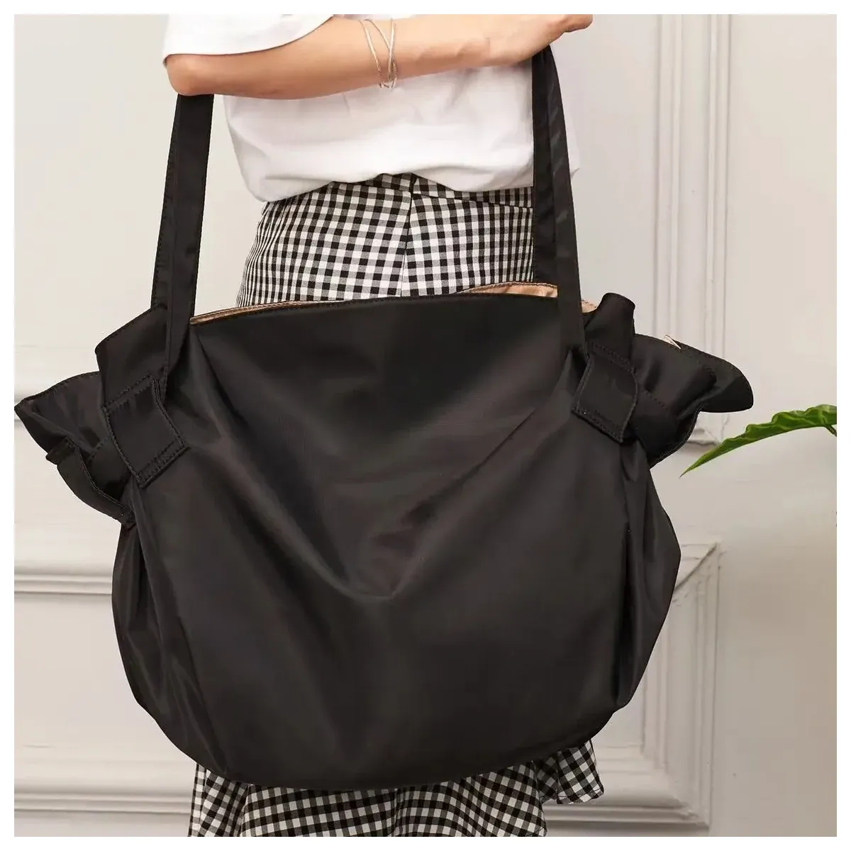 Large black camping tote with wide opening