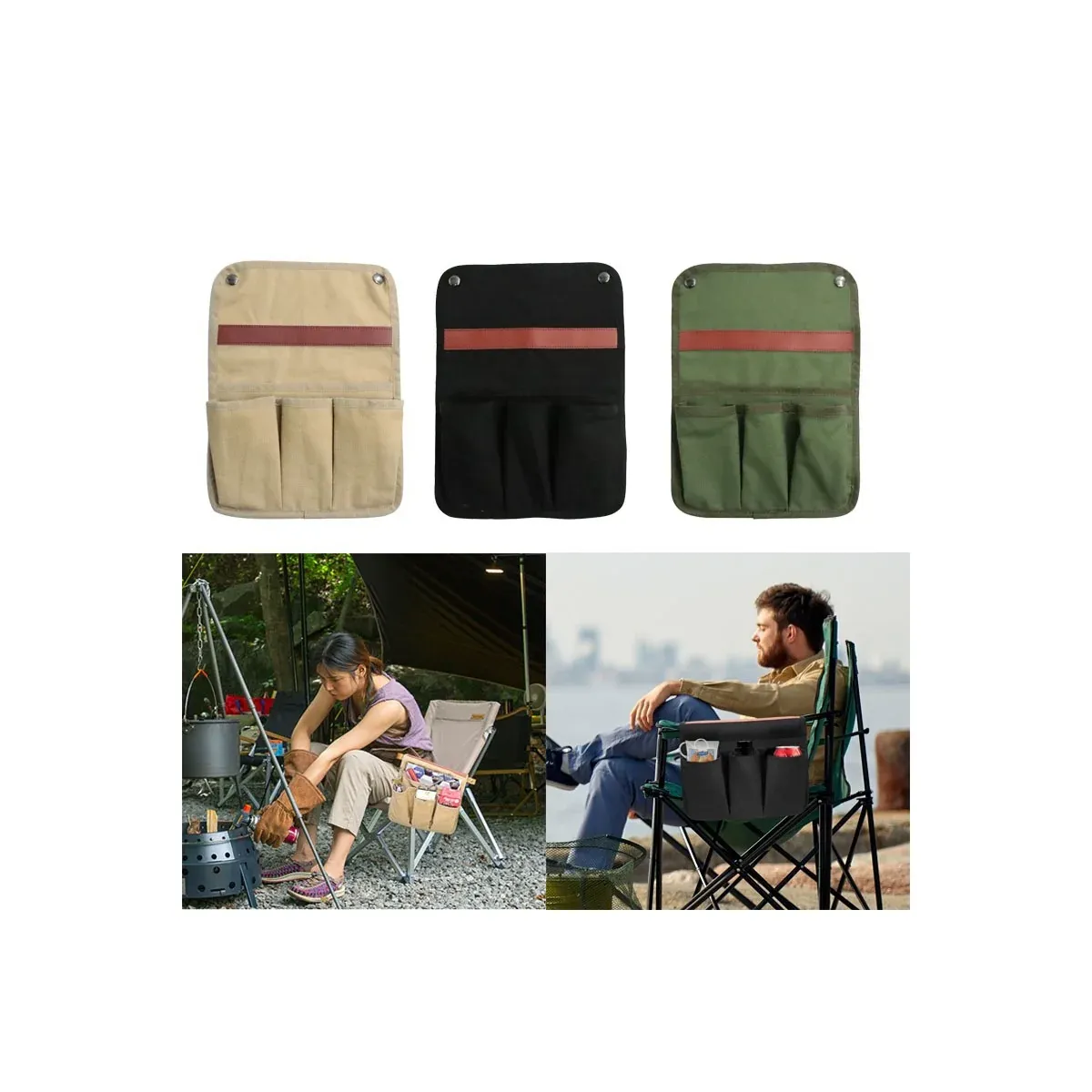 Camping chair side pocket in khaki, black and green