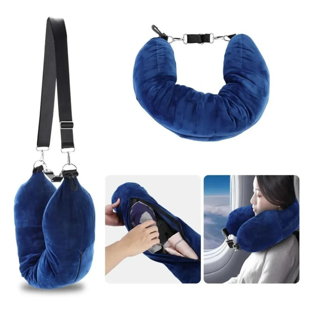 Blue self-filling travel neck pillow with luggage strap