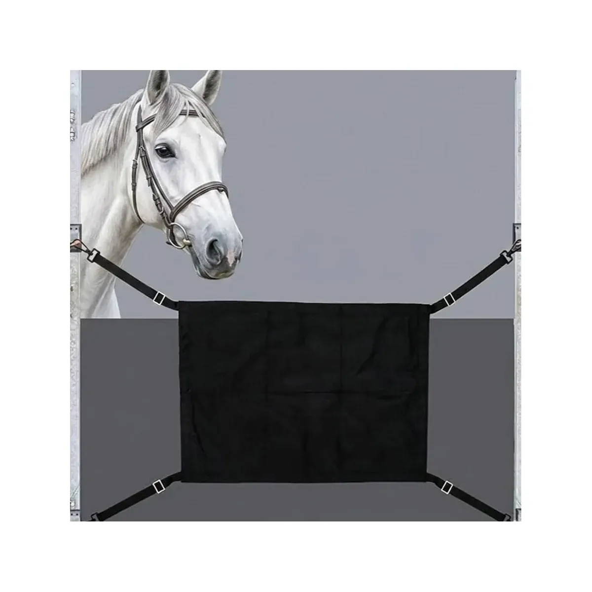 Black horse stall guard hanging in a doorway