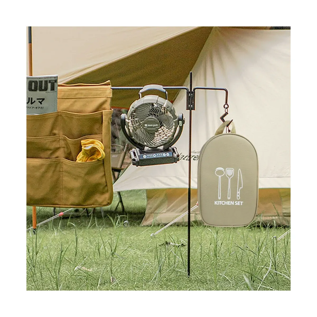 Camp kitchen case hanging at a campsite