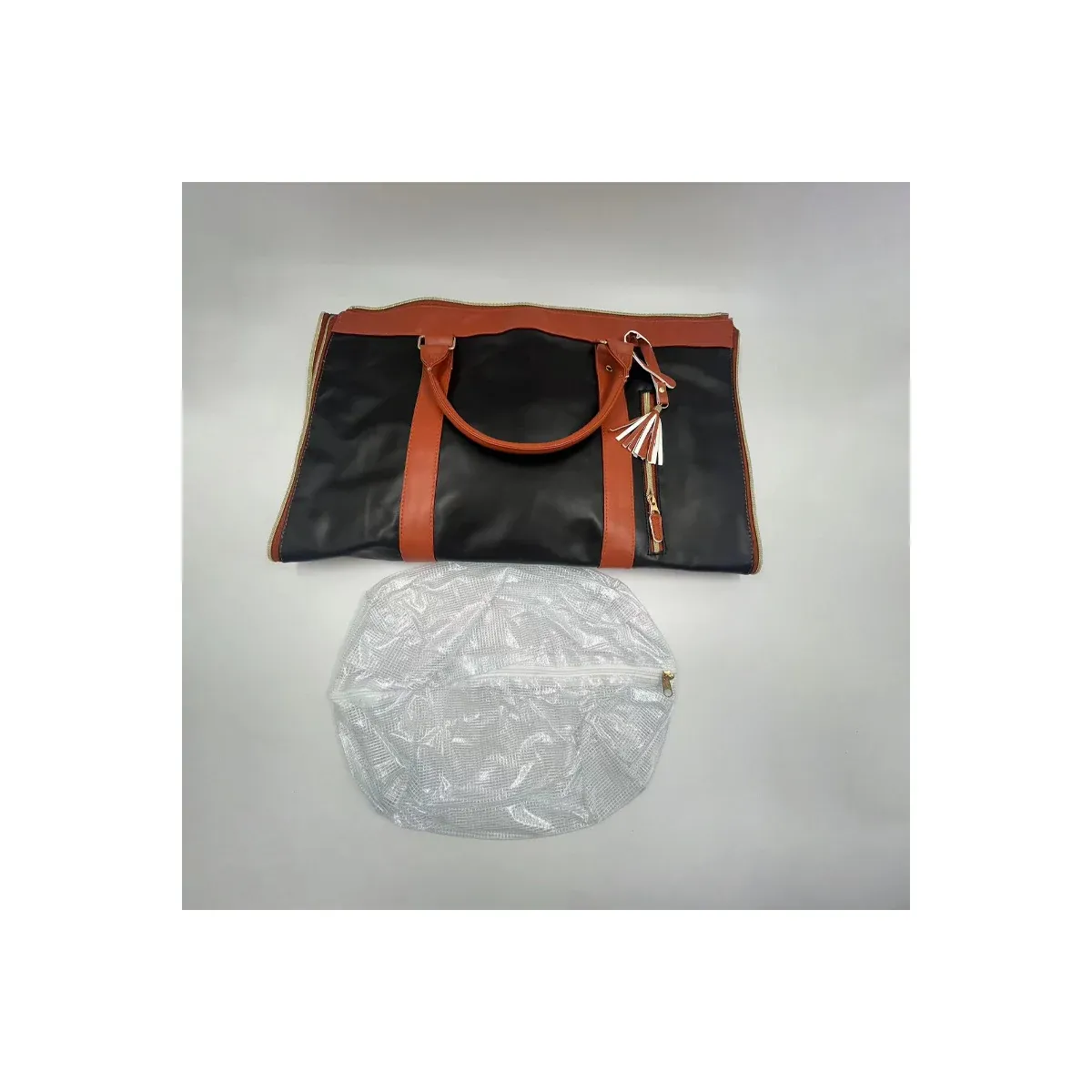 Black garment duffel with toiletry bag