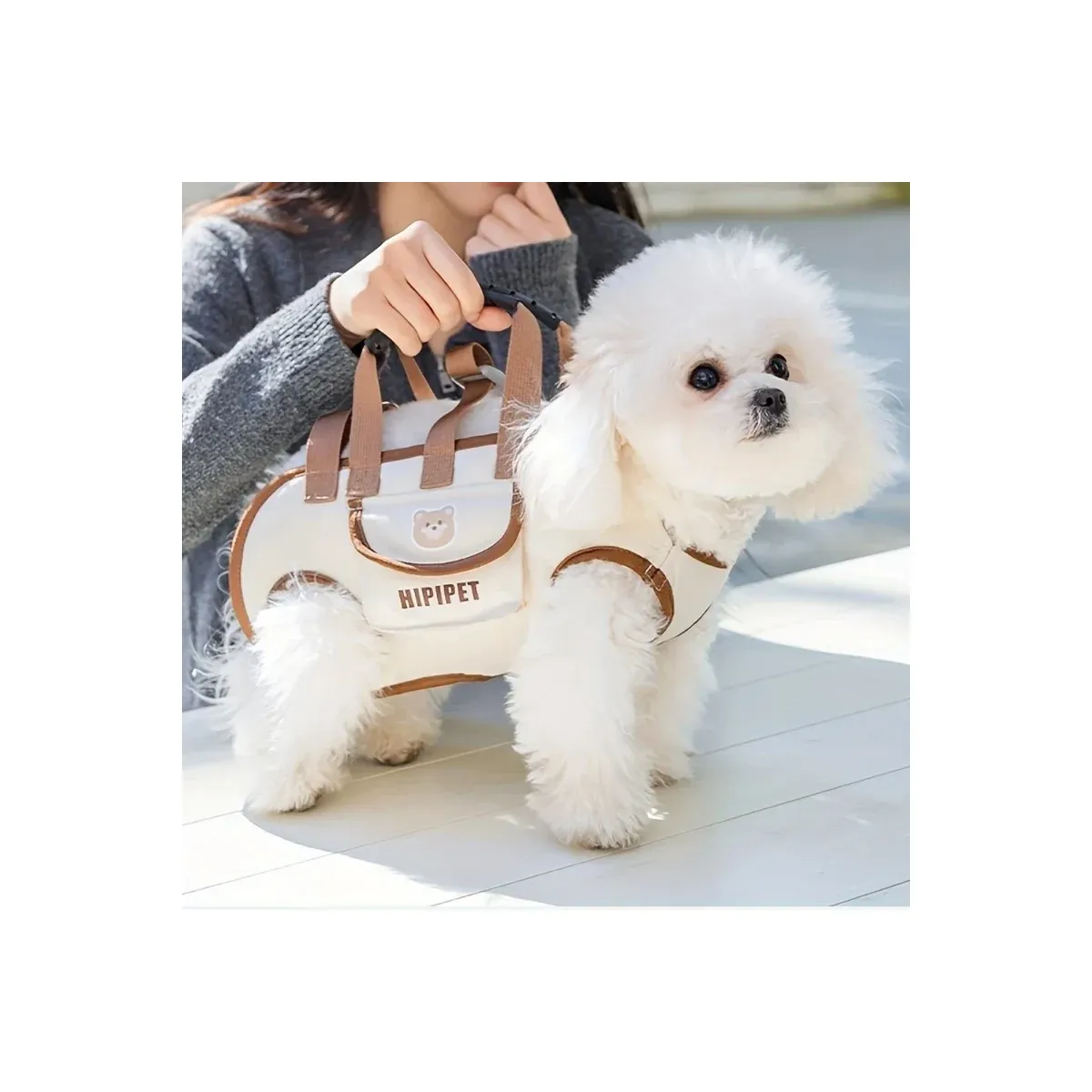 Pet sling carrier worn cross-body with a small dog