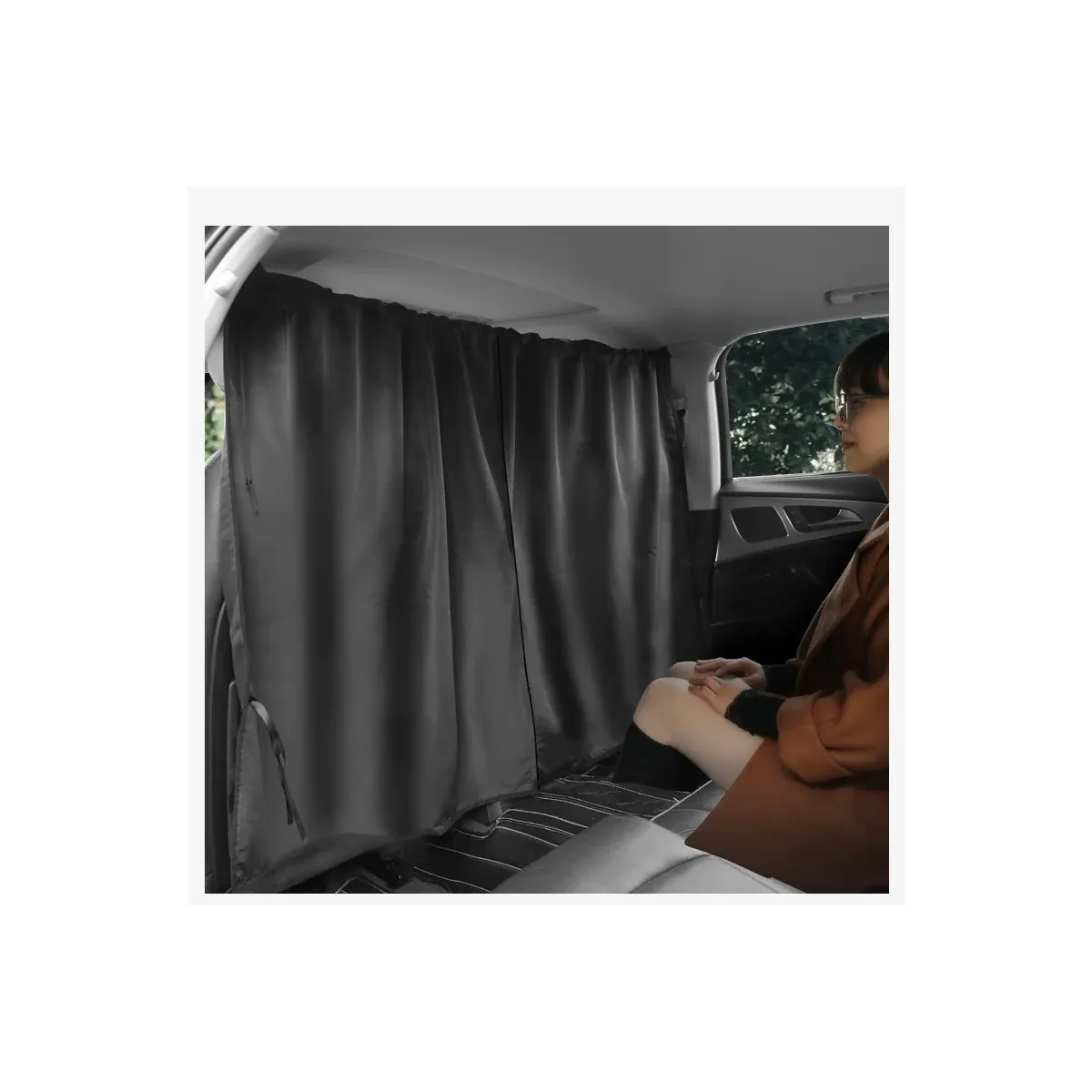 Car curtain tied open at the side window