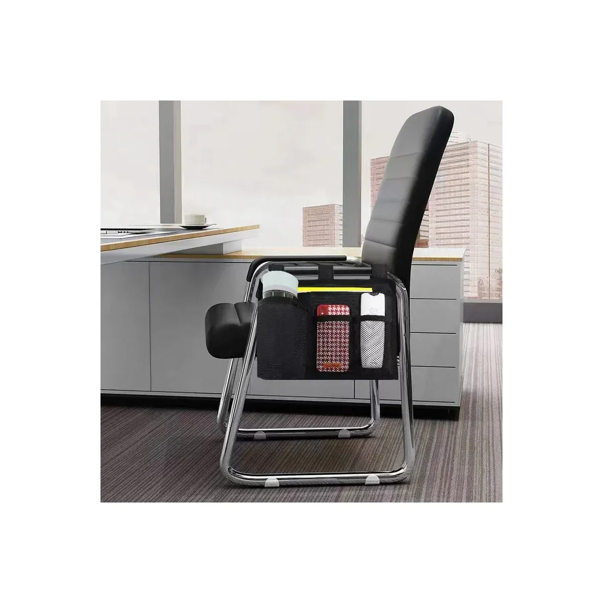 Bedside storage bag hanging on a chair armrest
