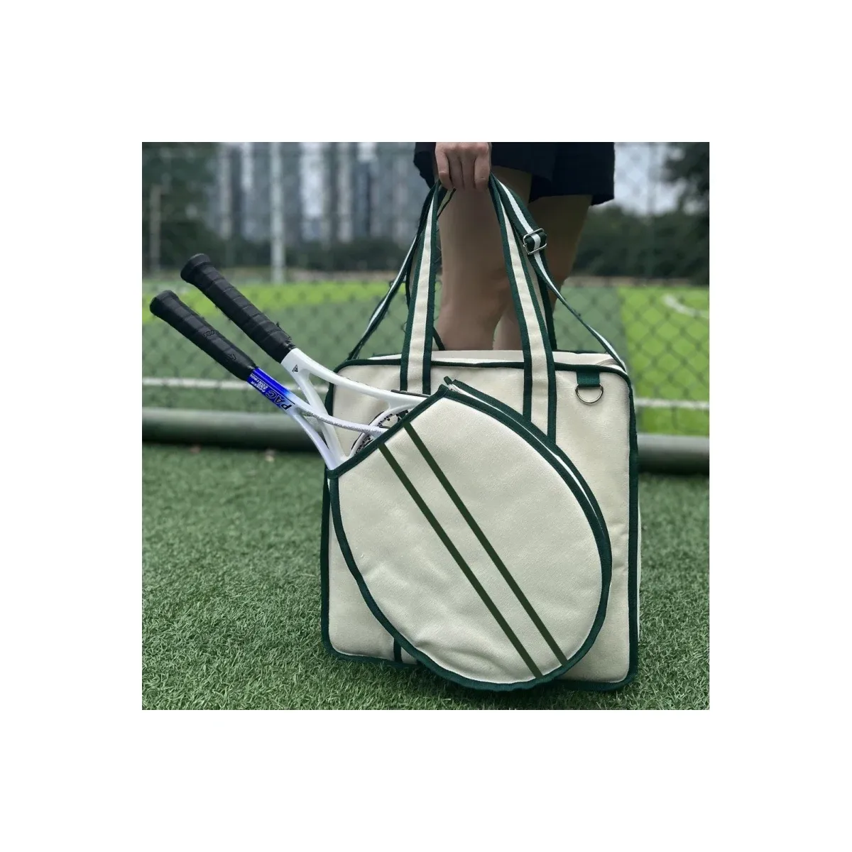 Tennis tote carried on a court