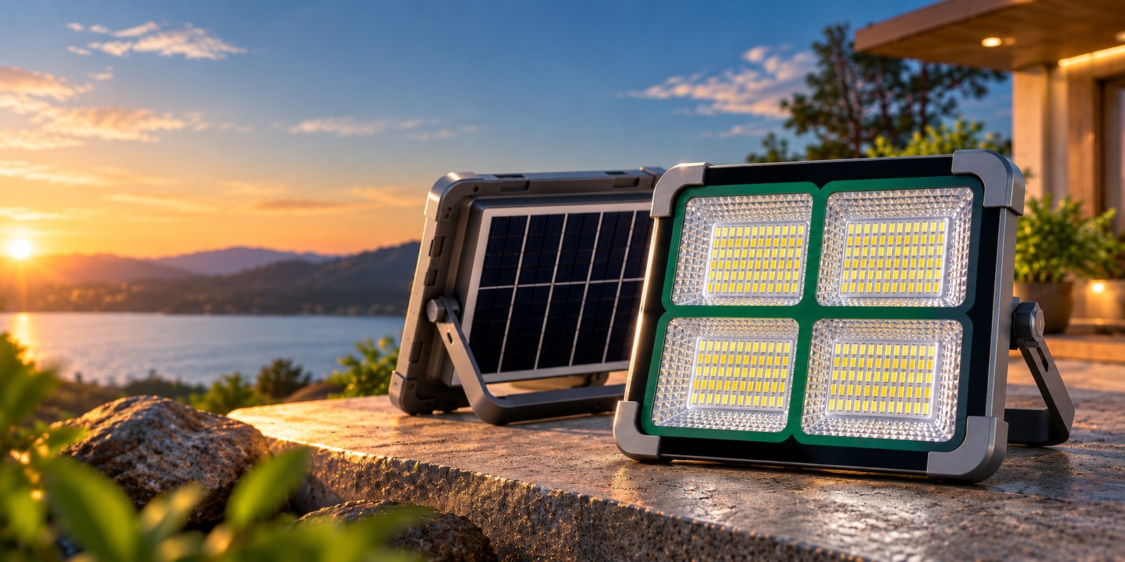 DK STS-Series solar flood light and solar panel on a lakeside terrace at sunset