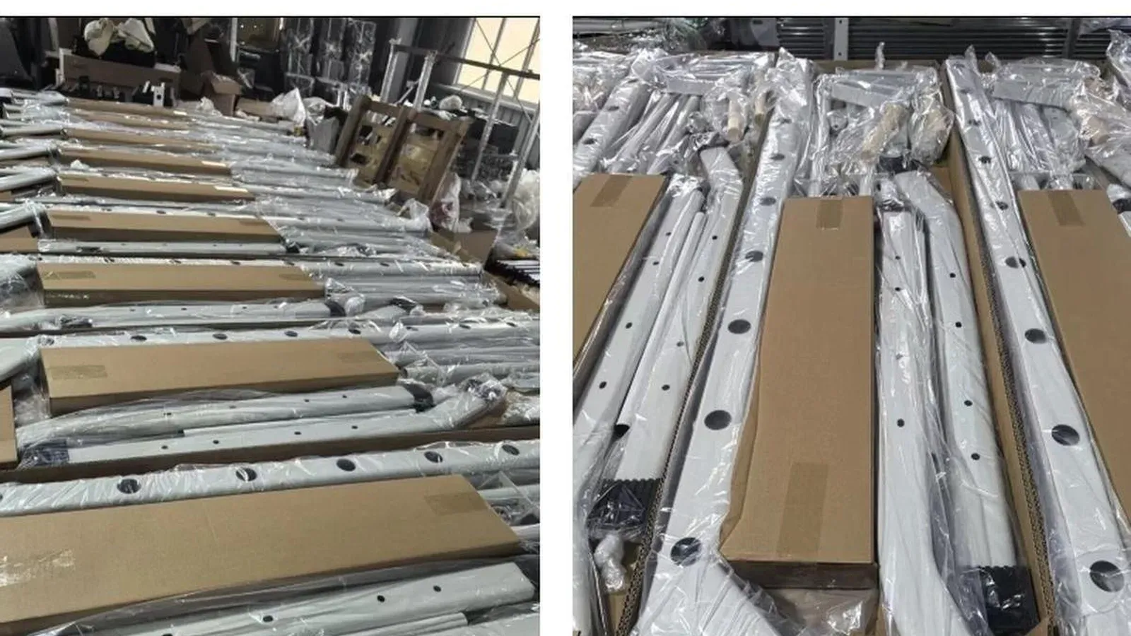 Rows of white drilled Swedish wall ladder rails wrapped in clear film on a factory floor, with flat brown cartons among them