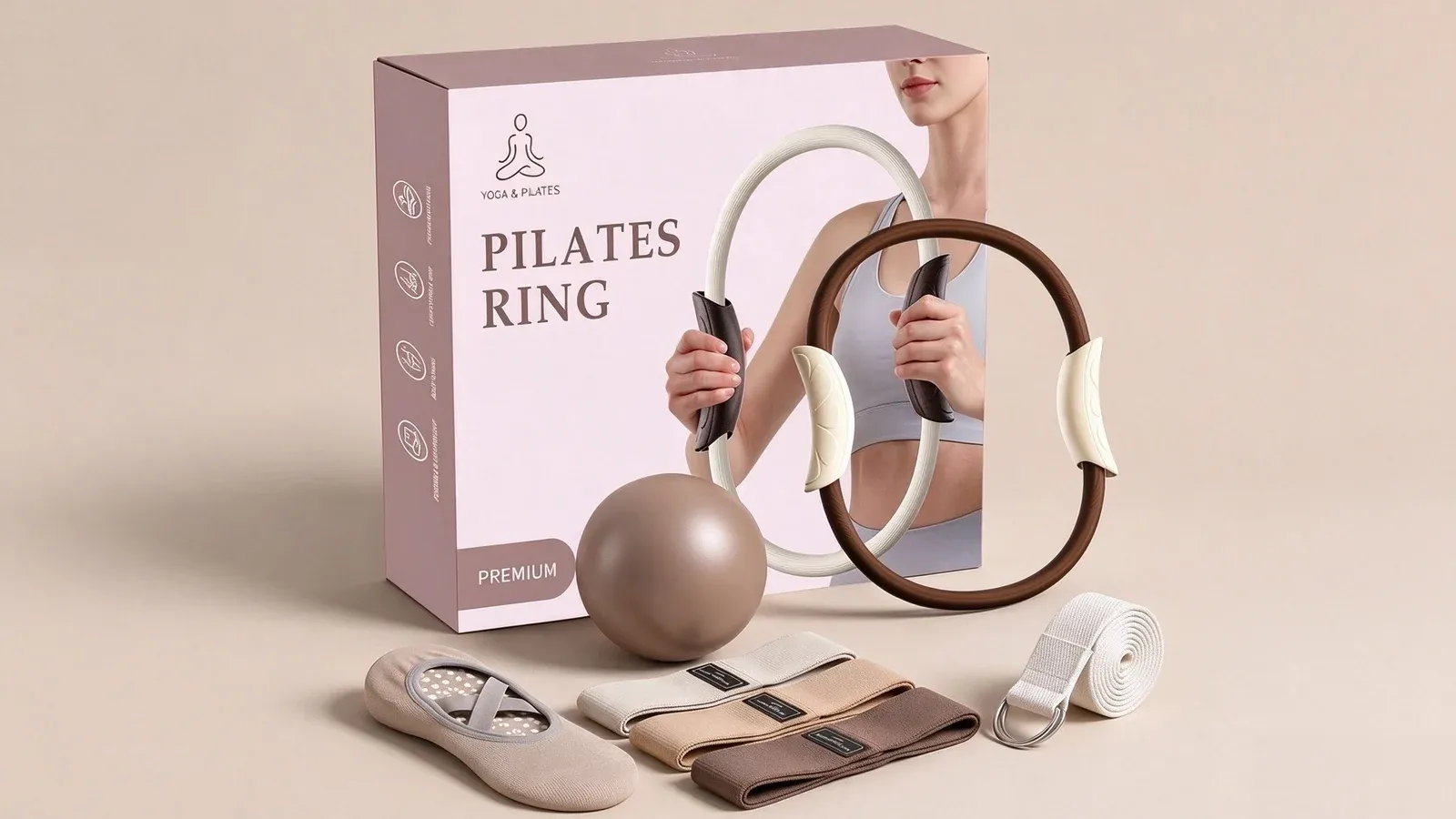 A Pilates ring set in coffee and beige with a printed carton, a ring with padded grips, a small ball, a pair of non slip socks, three folded resistance bands and a yoga strap with a D-ring