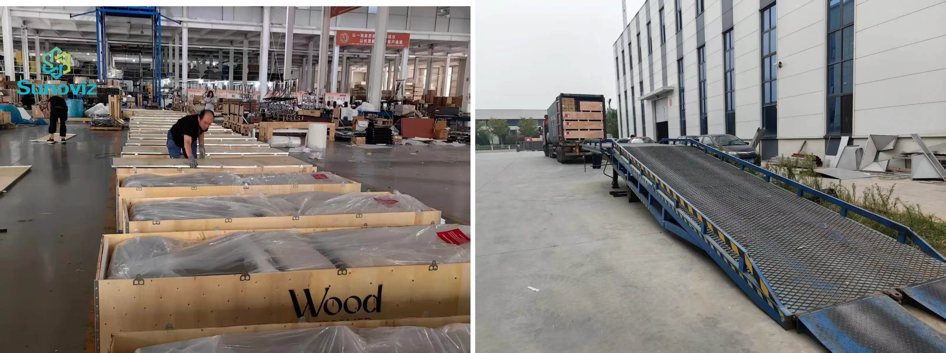 Pilates equipment being packed into wooden export crates in the workshop, and a container truck at the loading dock