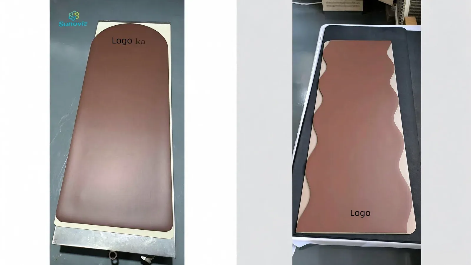 Chocolate brown yoga mats: one on a press table with a printed logo, one on a cutting table with a wave-shaped custom edge