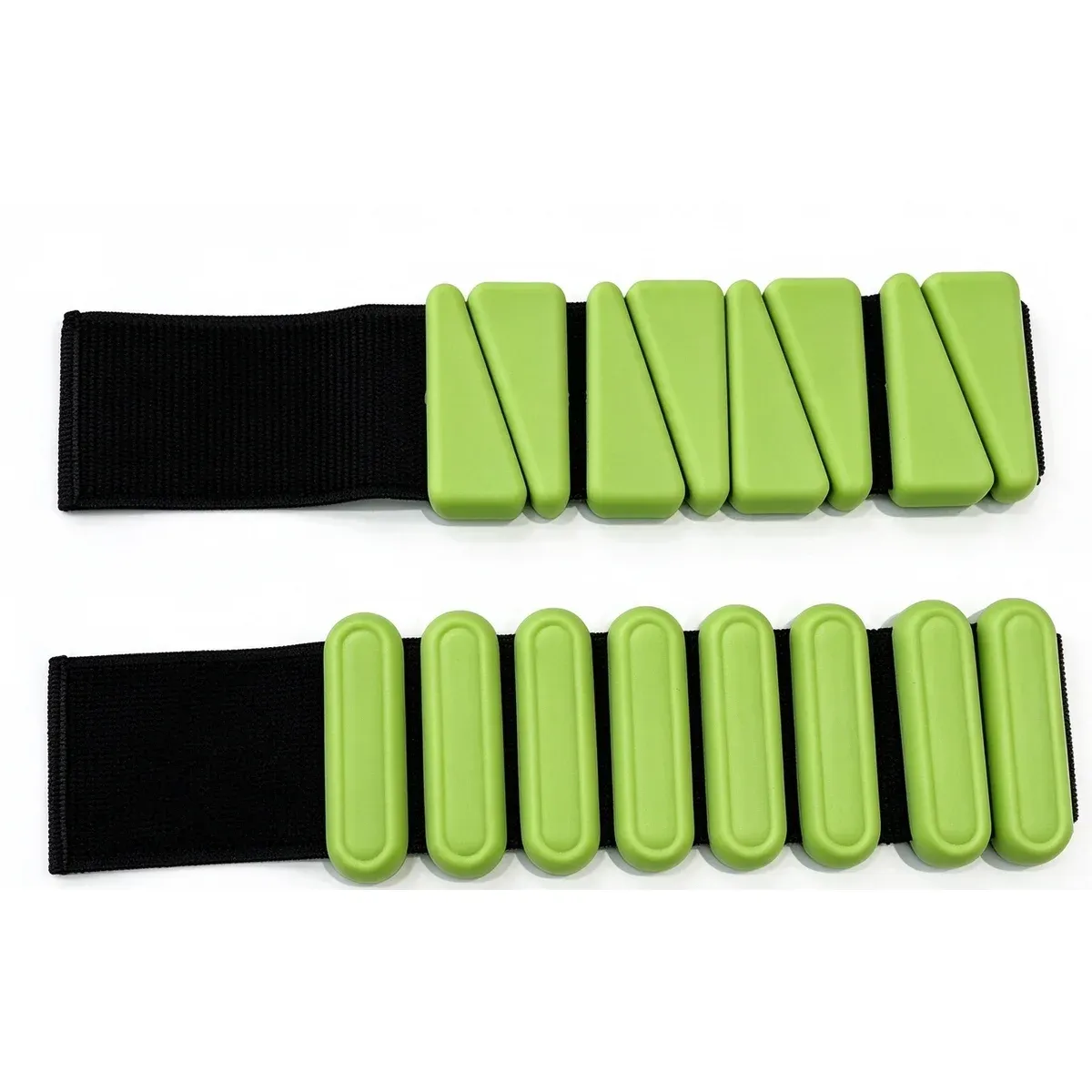 Green adjustable ankle and wrist weights with segmented weight blocks on black straps, triangle version above and oval version below