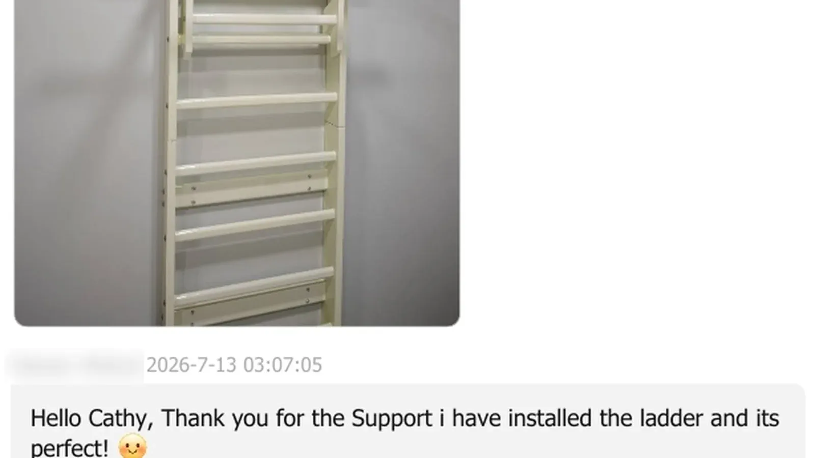A white powder-coated wall ladder with evenly spaced rungs mounted on a grey wall, shown as a customer's installation photo with his message below