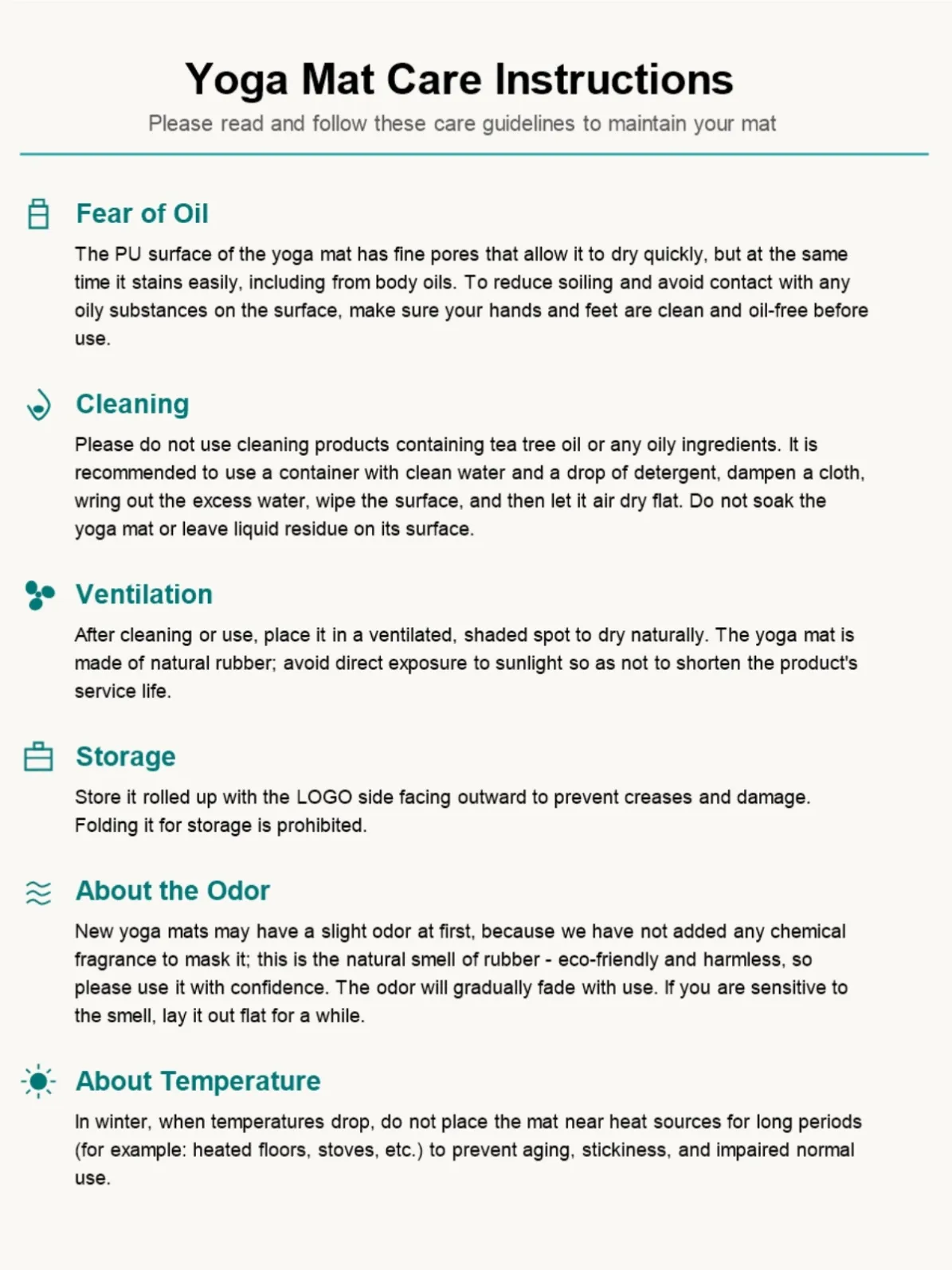 Yoga mat care instructions sheet showing cleaning and storage rules