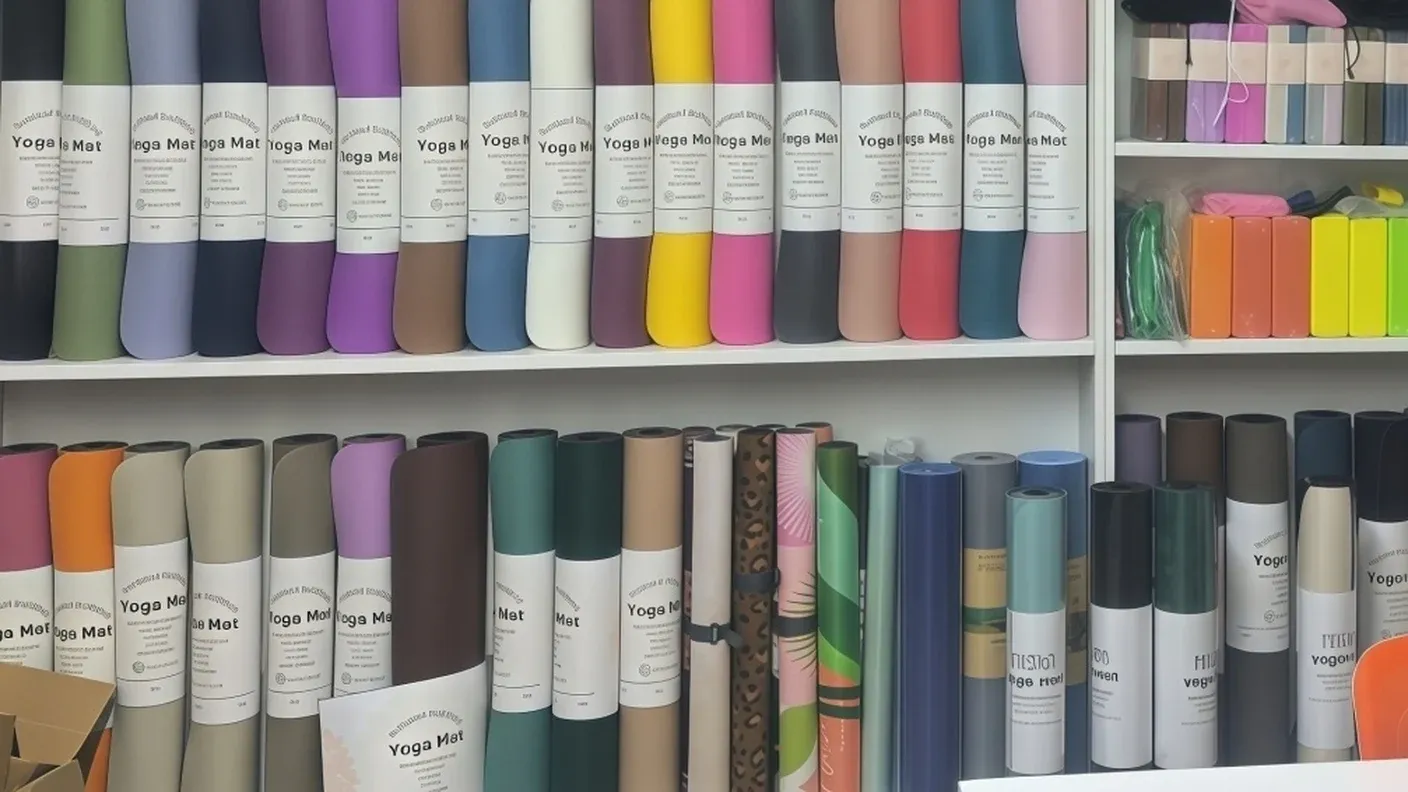 Rows of rolled PU natural rubber yoga mats in many colors standing on end on white sample room shelving, each banded with a Yoga Mat label