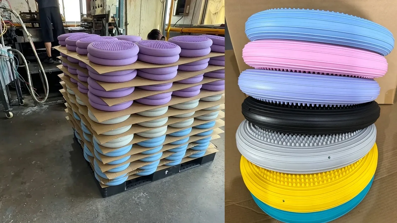 A pallet of balance pads in production separated by cardboard sheets, beside a stack showing seven colour options from blue and pink to black, yellow and teal