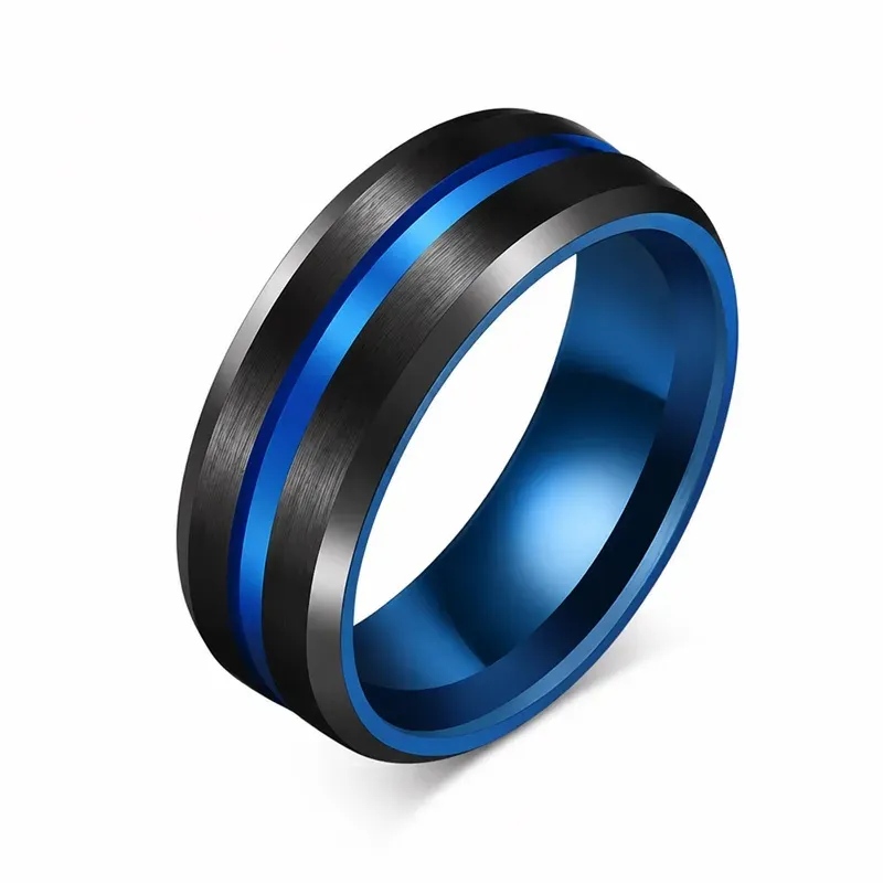 blue black men's titanium rings with blue accent, FKS-TI-003