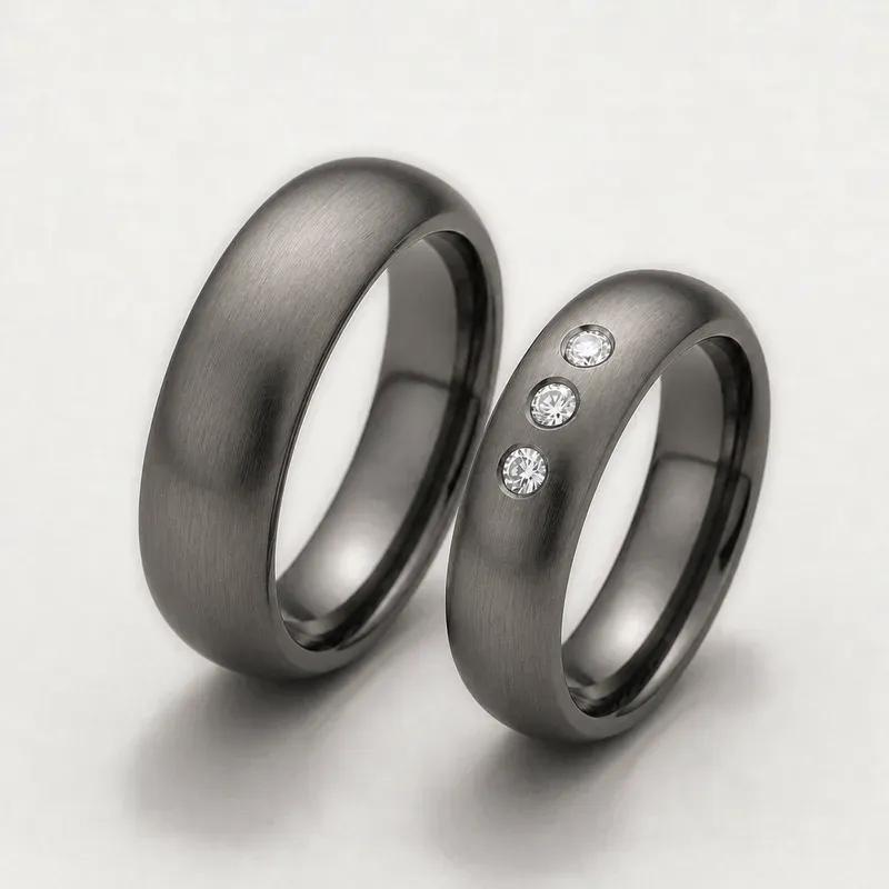 tantalum couple rings with brushed bands with a three-stone accent on one ring, FKS-TA-010