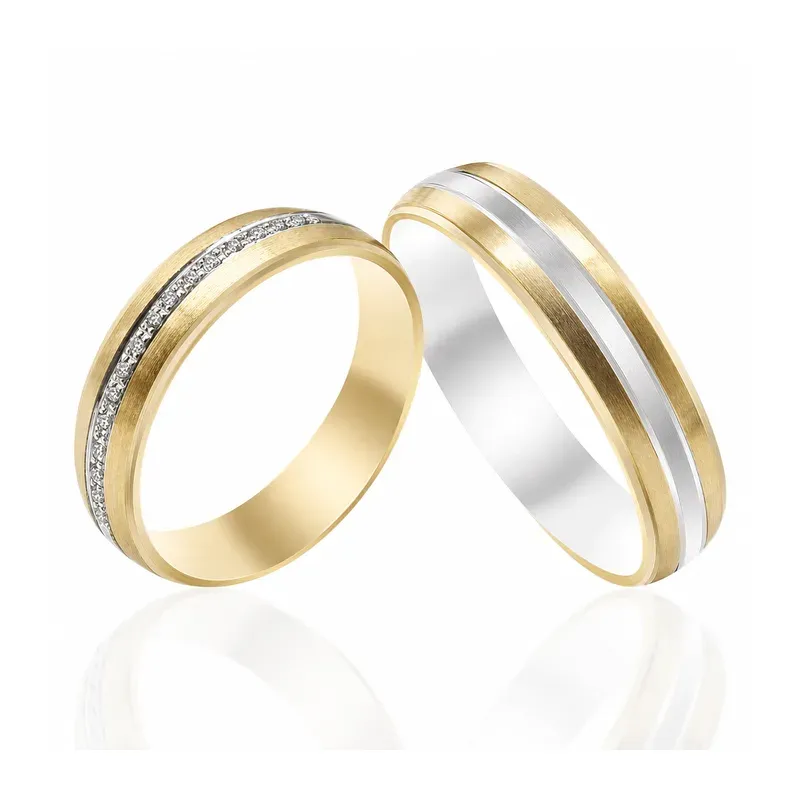 two-tone brass wedding rings with channel-set stone layout, FKS-BR-030 display design