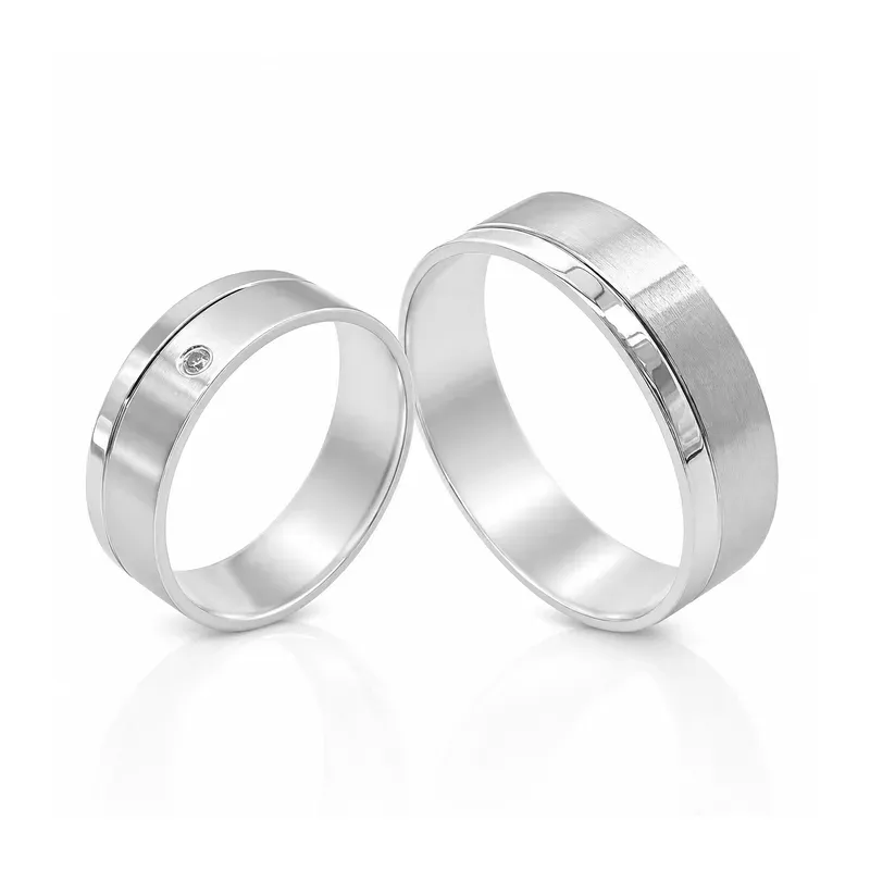 silver-tone brass wedding rings with single-stone design with grooved detailing, FKS-BR-044 display design