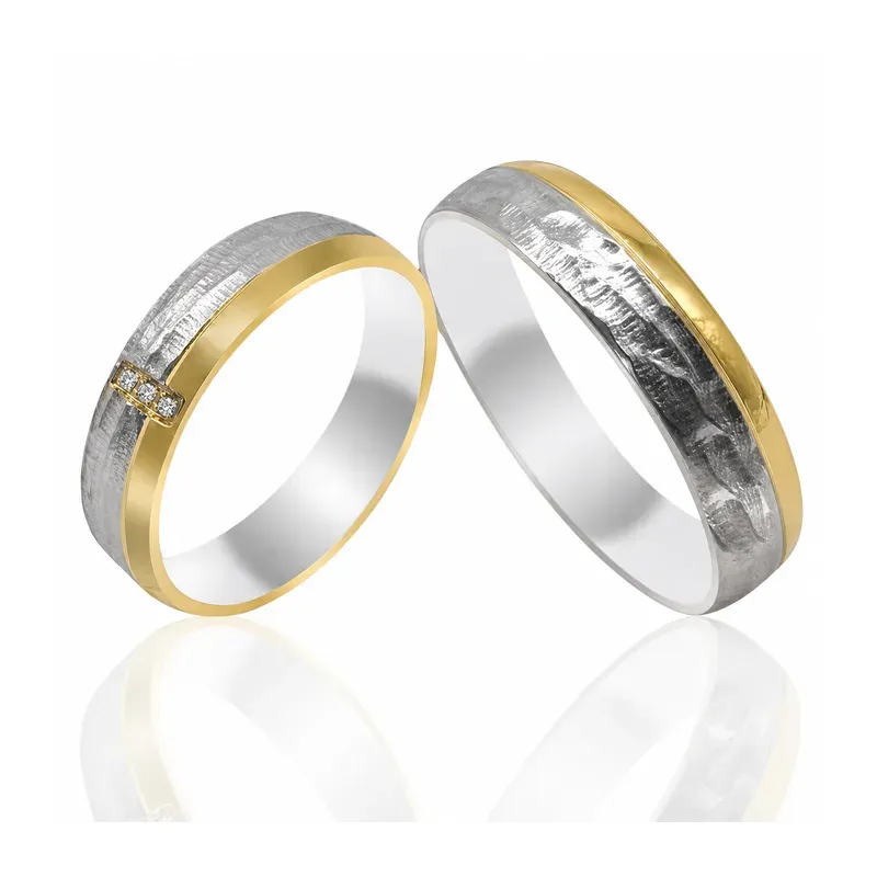 two-tone brass wedding rings with single-stone design with a textured surface, FKS-BR-041 display design