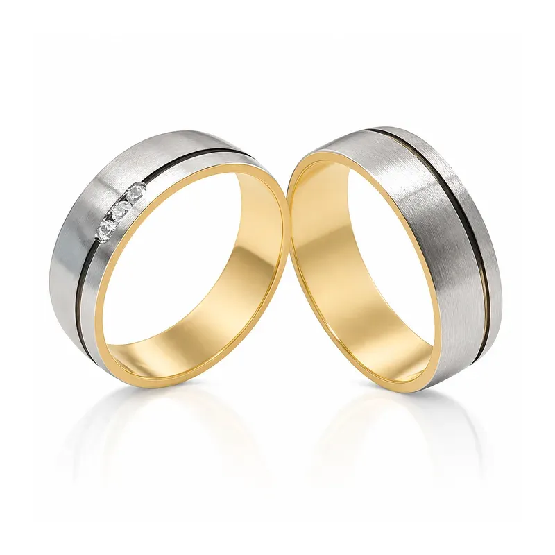 two-tone brass wedding rings with black-line detailing, FKS-BR-009 display design