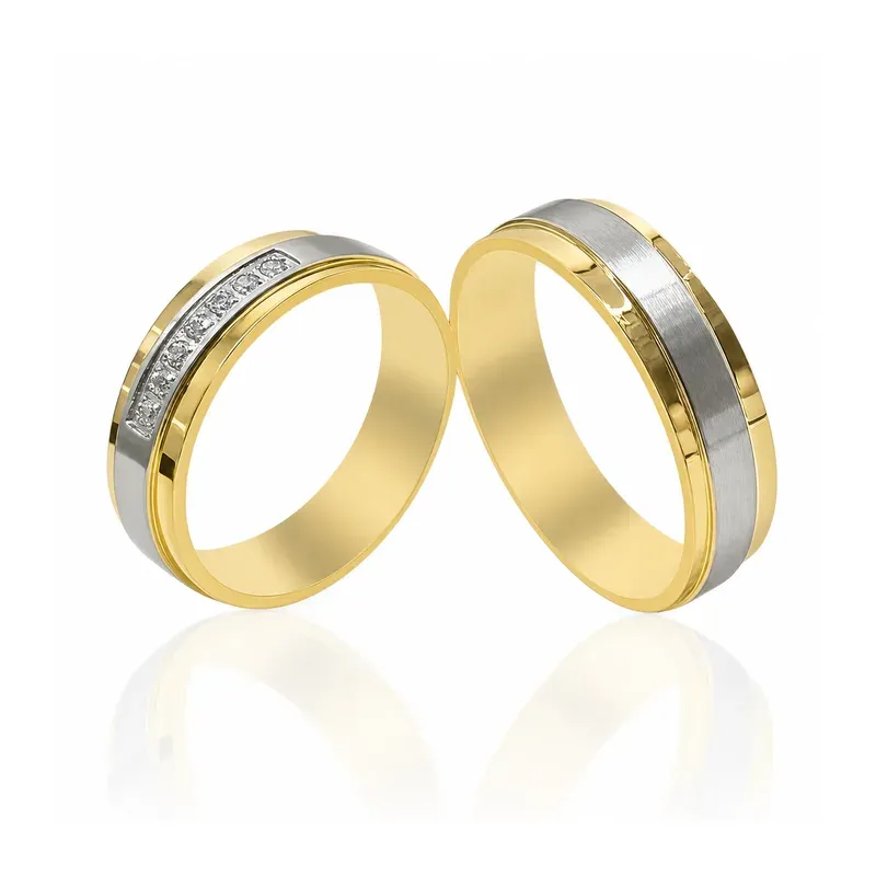 two-tone brass wedding rings with channel-set stone layout, FKS-BR-006 display design
