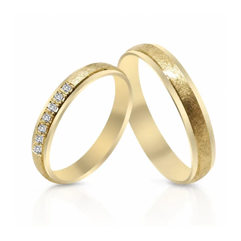 yellow gold-tone brass wedding rings with stone-set detailing with a textured surface, FKS-BR-012 display design