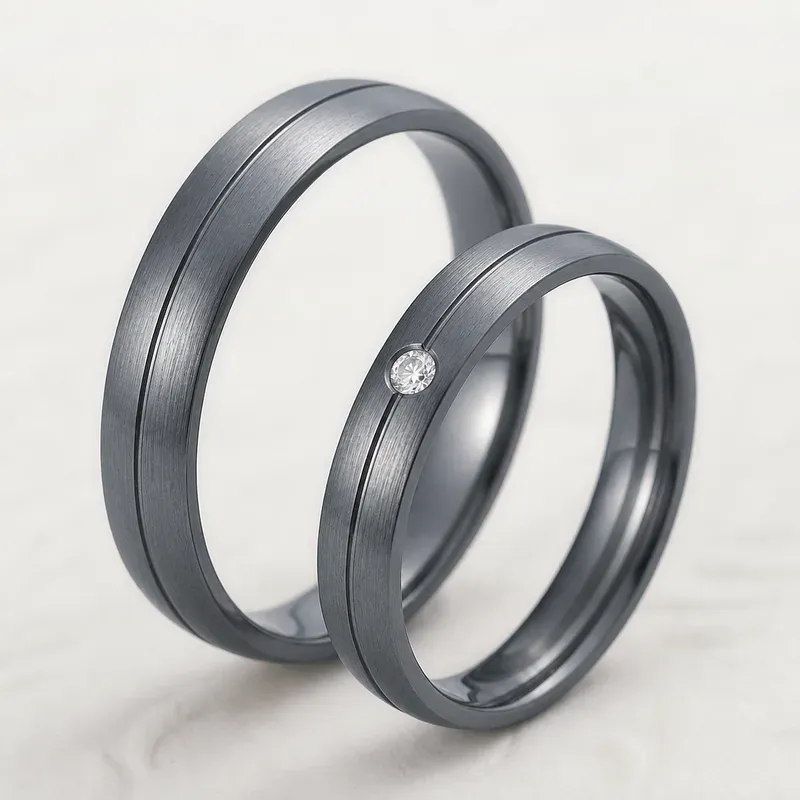 tantalum couple rings with twin-grooved bands with a single stone on one ring, FKS-TA-027