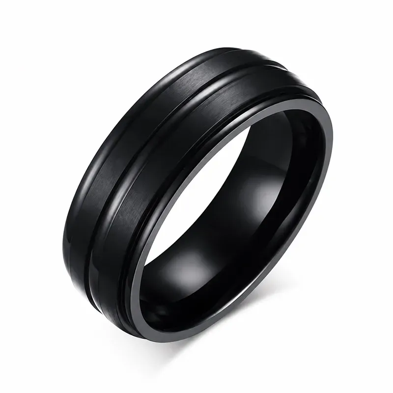 black grooved men's titanium rings with grooved detailing, FKS-TI-001
