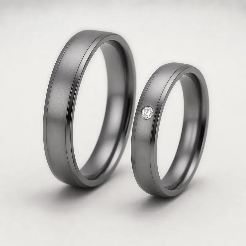 tantalum couple rings with brushed bands with a stone-channel accent on one ring, FKS-TA-008