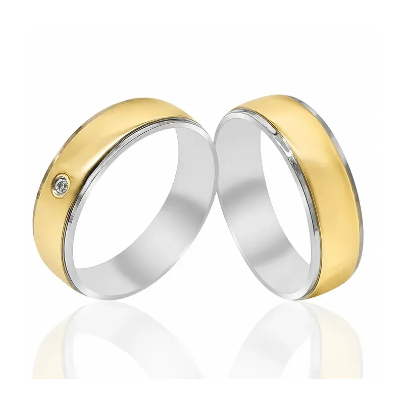 two-tone brass wedding rings with single-stone design, FKS-BR-023 display design