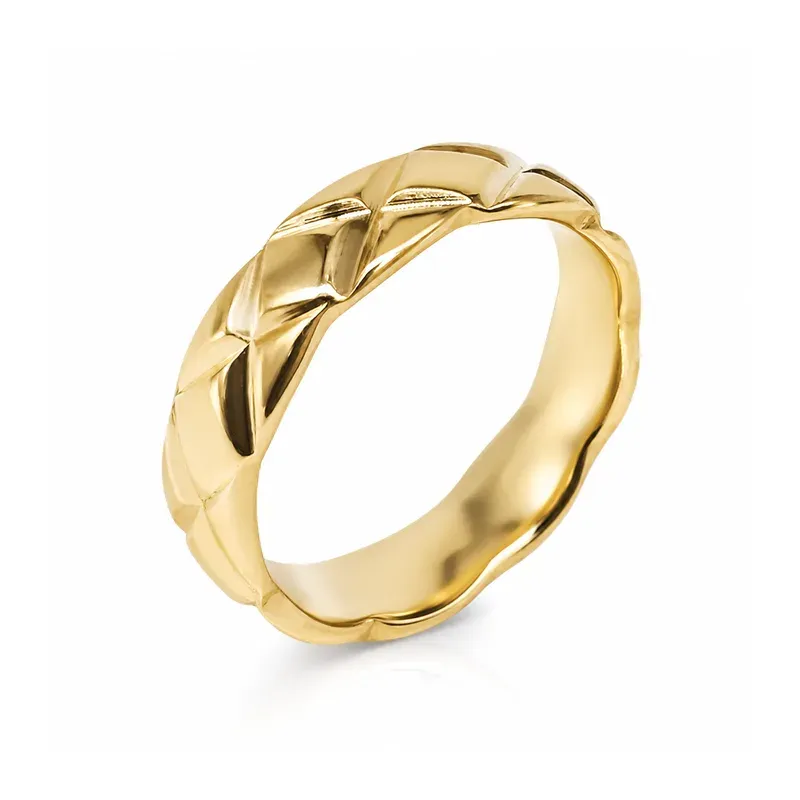 yellow gold-tone brass wedding ring with braided structure, FKS-BR-002 display design