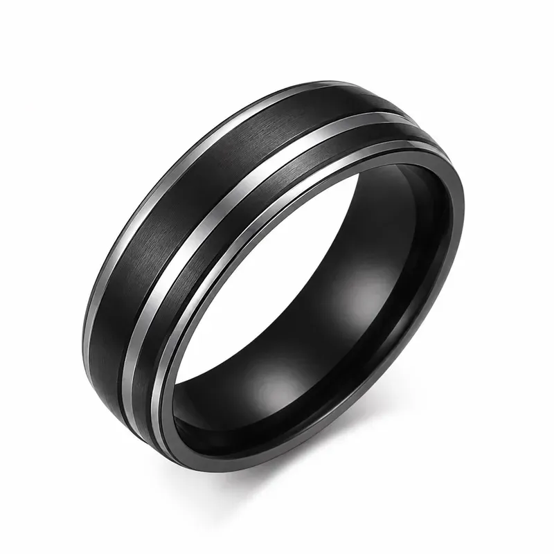 black striped men's titanium rings with striped detailing, FKS-TI-011