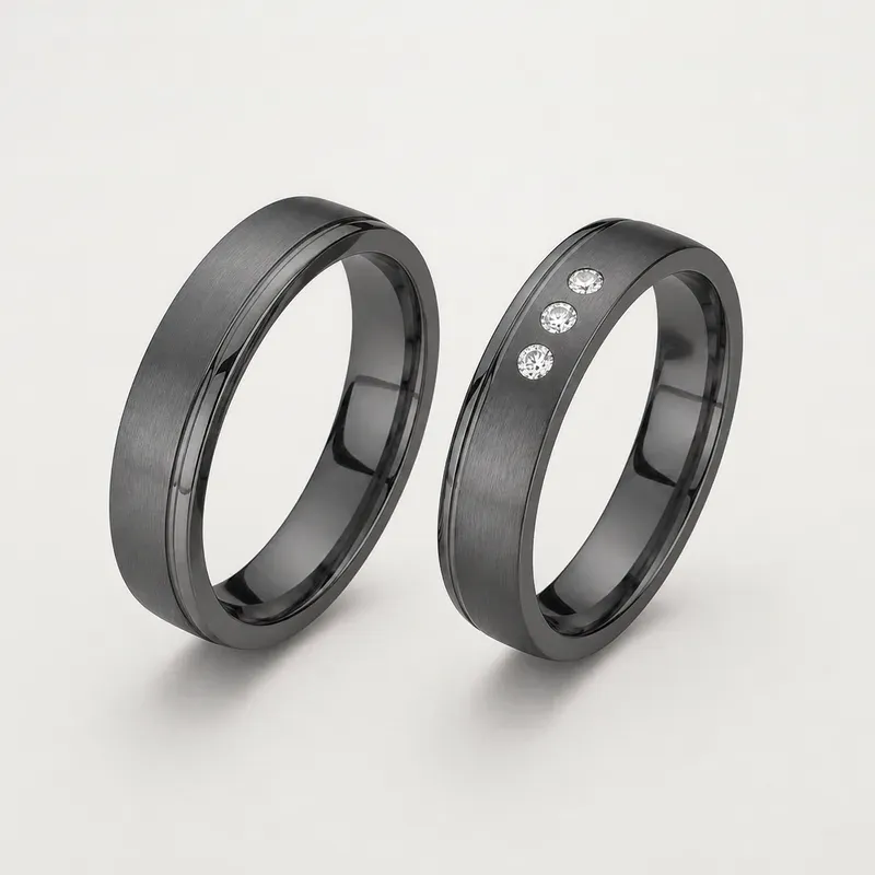 tantalum couple rings with polished slim bands with three flush-set stones on one ring, FKS-TA-024