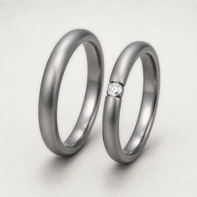 tantalum couple rings with polished domed bands with a groove-set single stone on one ring, FKS-TA-011