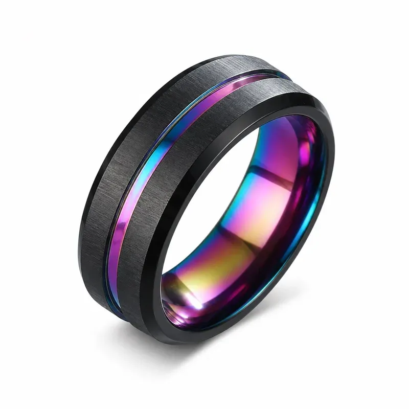 rainbow black men's titanium rings with rainbow finish, FKS-TI-004