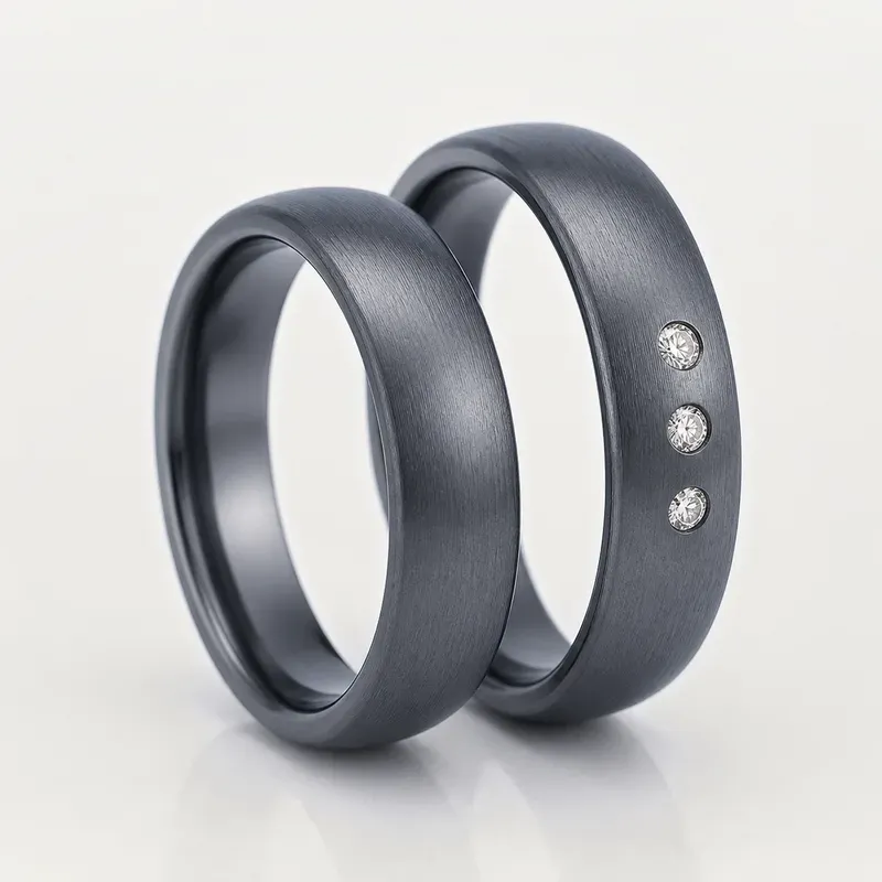 tantalum couple rings with domed bands with three flush-set stones on one ring, FKS-TA-022
