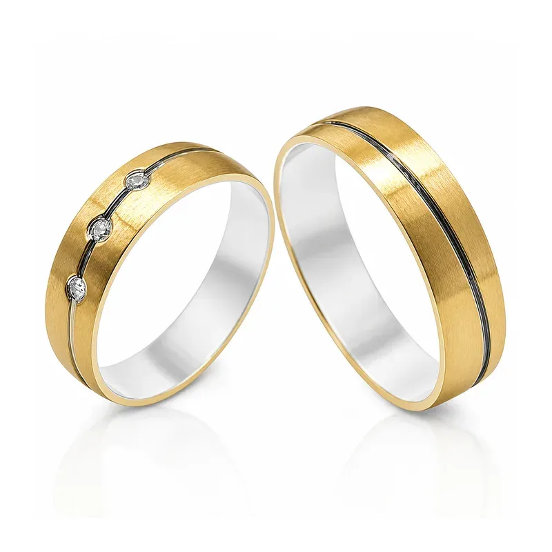 yellow gold-tone brass wedding rings with black-line detailing with stone accents, FKS-BR-011 display design
