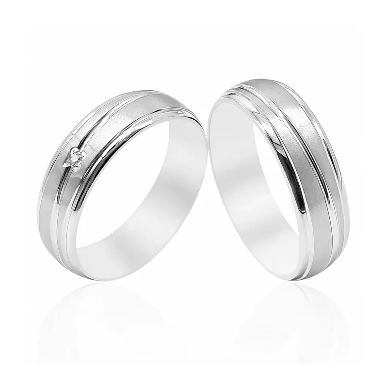 silver-tone brass wedding rings with single-stone design with grooved detailing, FKS-BR-048 display design