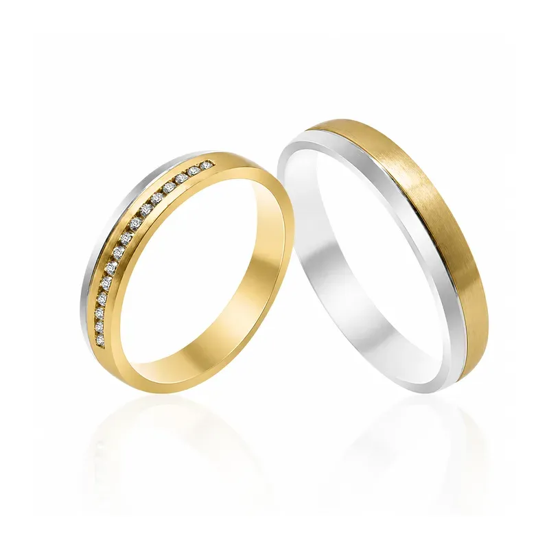 two-tone brass wedding rings with channel-set stone layout, FKS-BR-033 display design
