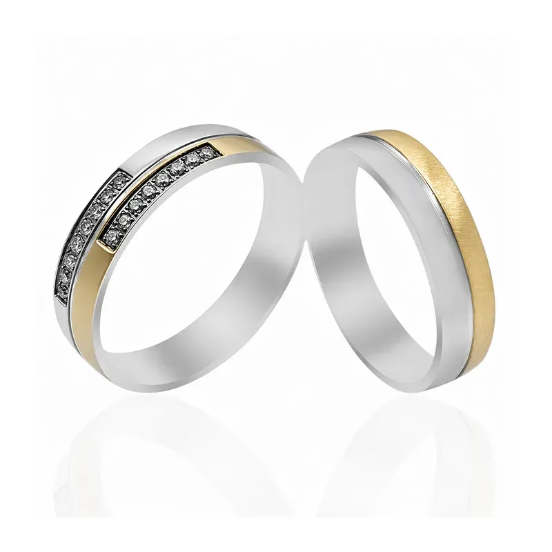two-tone brass wedding rings with channel-set stone layout, FKS-BR-007 display design