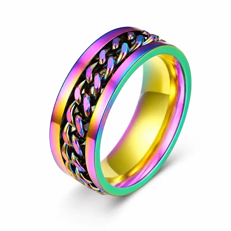 rainbow chain titanium ring with chain inlay, FKS-TI-028