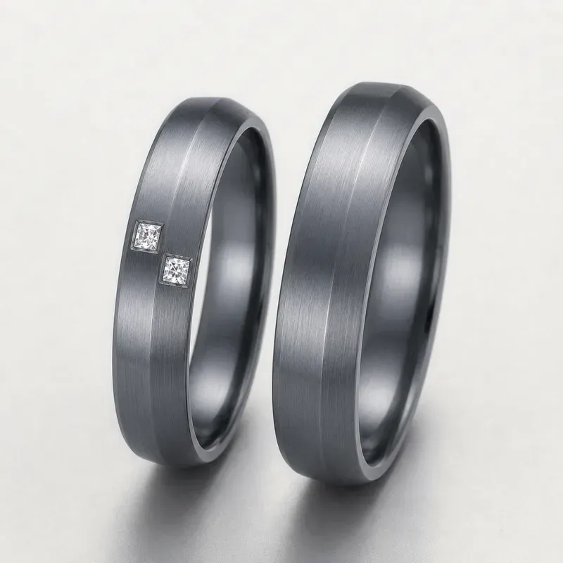 tantalum couple rings with slim bands with twin square stones channel-set on one ring, FKS-TA-020