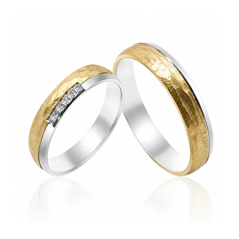 two-tone brass wedding rings with channel-set stone layout with a textured surface, FKS-BR-025 display design