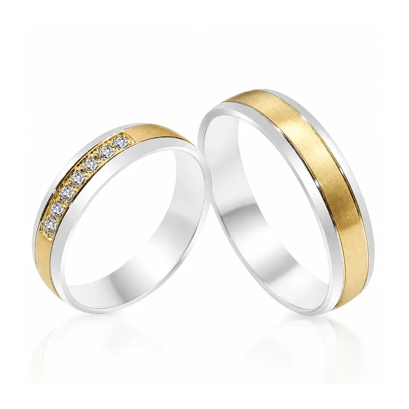 two-tone brass wedding rings with channel-set stone layout, FKS-BR-027 display design