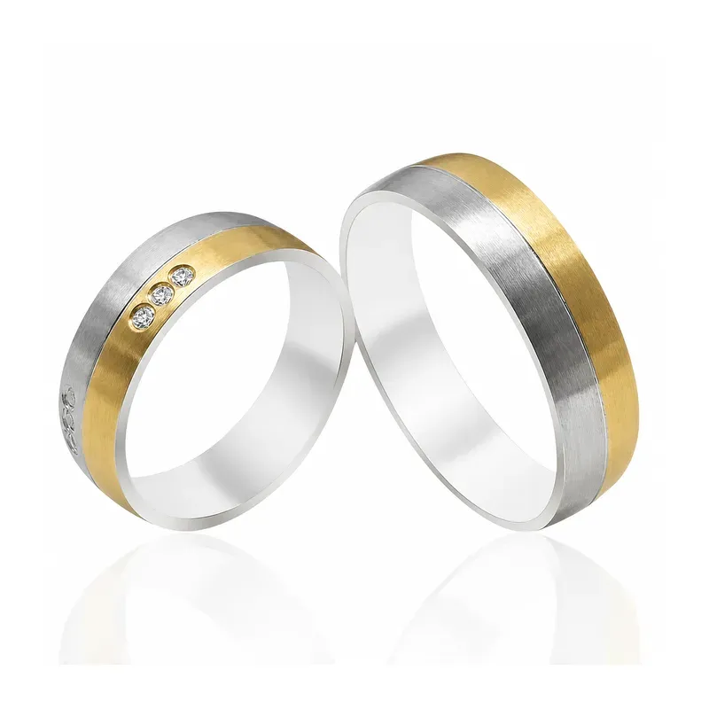 two-tone brass wedding rings with three-stone design, FKS-BR-015 display design
